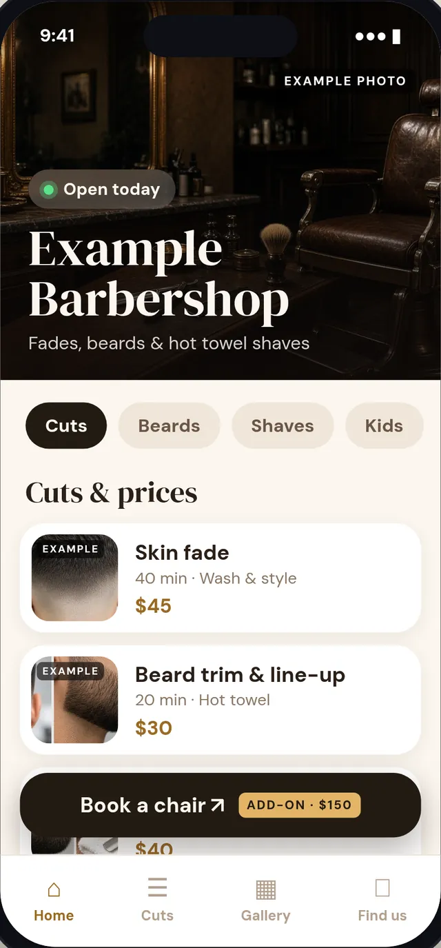 Example barbershop: cuts and prices