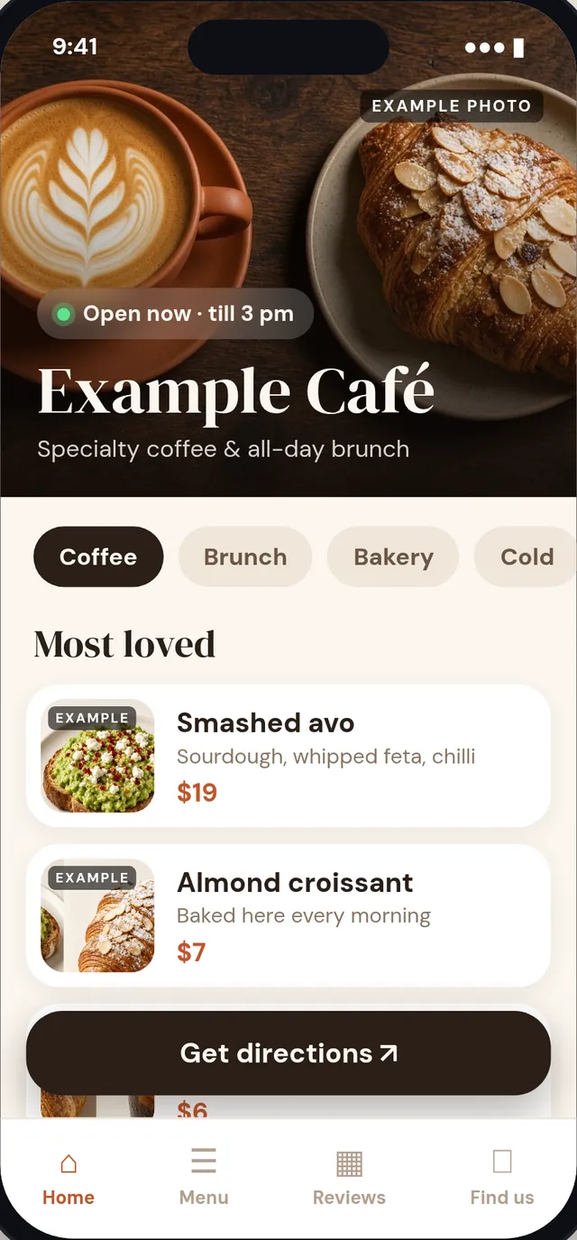 Example café: menu with photos