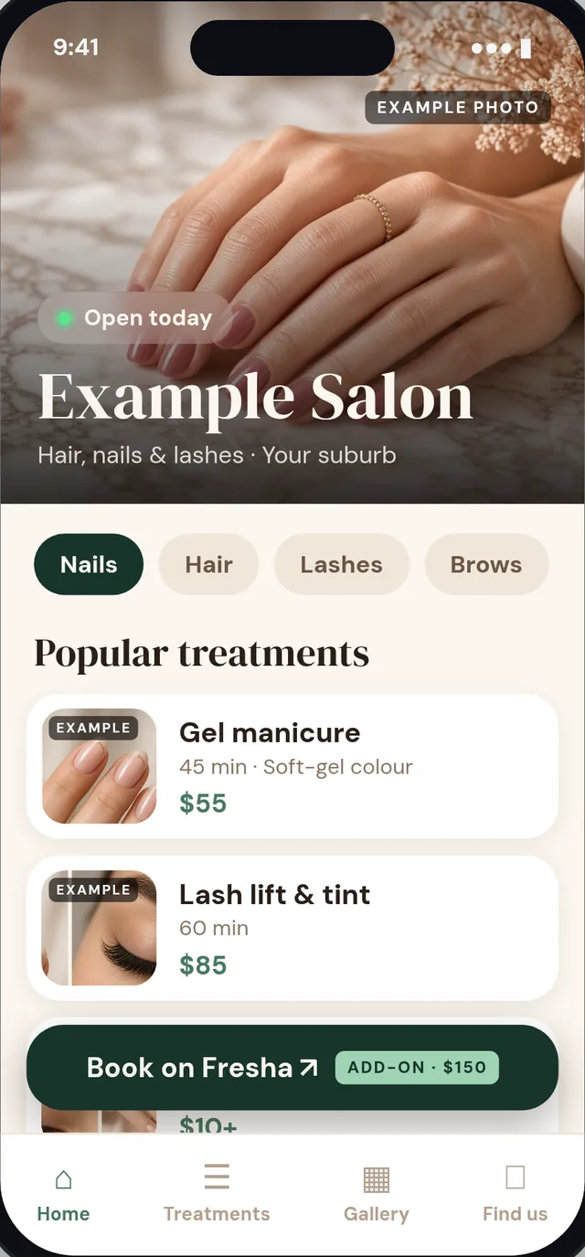 Example salon: treatments and a Fresha button